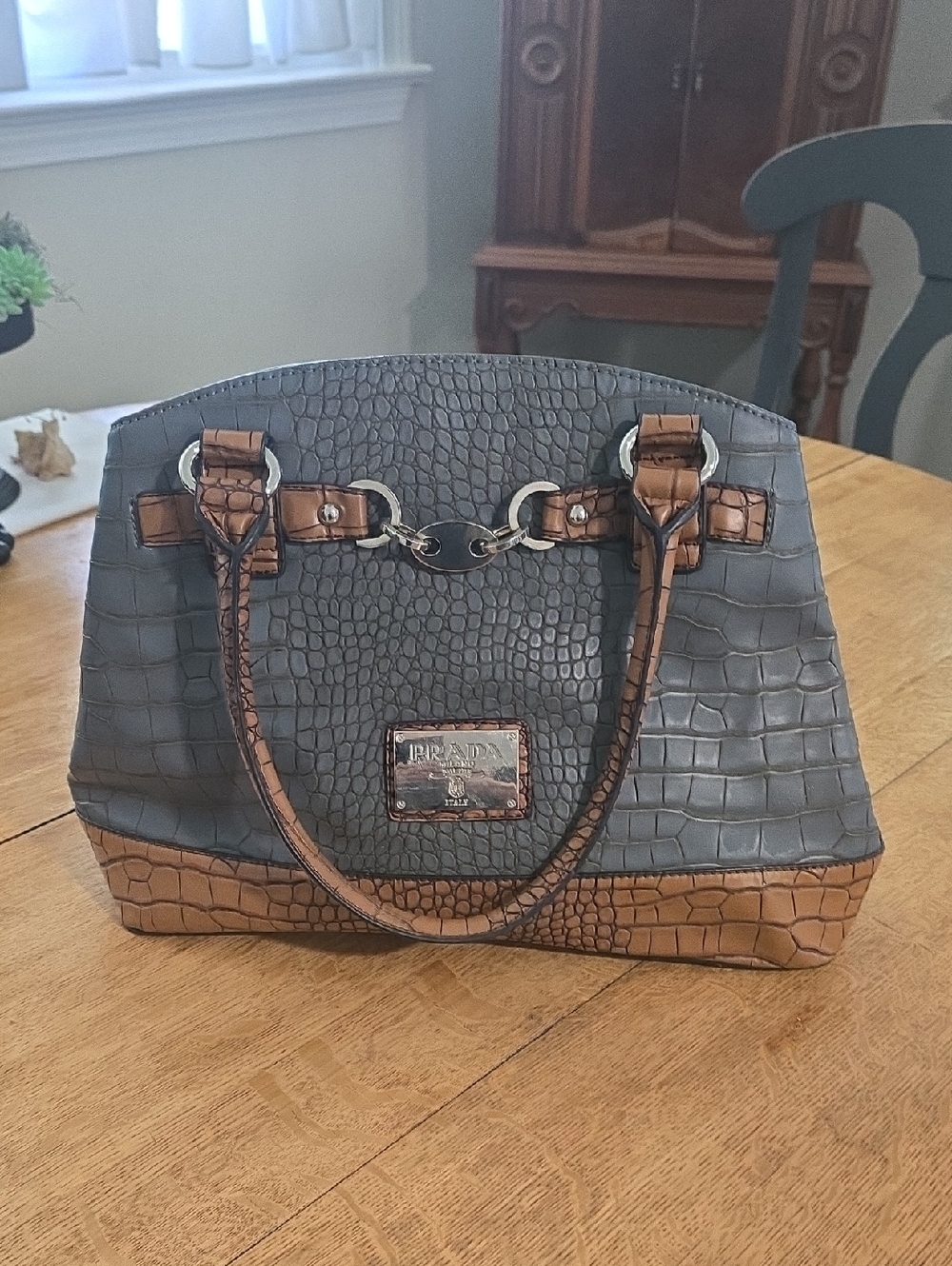 Gray & Brown Croc-Embossed Satchel with Silver Hardware
